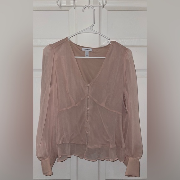 Nine West Long Sleeve V-Neck Button Front Blouse- Color: Faint Whisper- Small - Picture 2 of 7